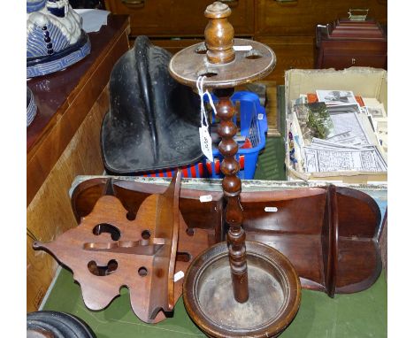 A mahogany corner shelf, a wall bracket, and a stained wood stick stand, height 22"