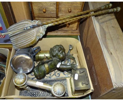 A fire shovel and poker, a carriage clock, a hanging metal cupid etc