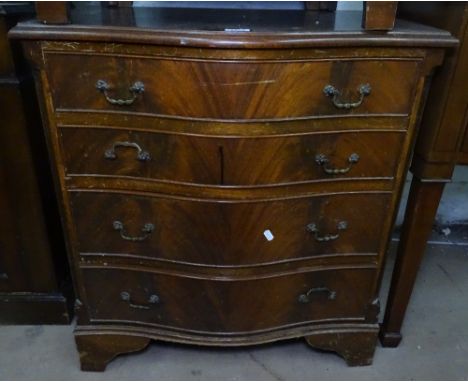 A reproduction cross-banded mahogany chest, of serpentine form, with 4 long drawers on bracket feet, W71cm