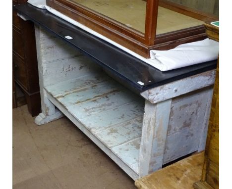 A French marble-top and painted pine cabinet, with open shelf, W122cm