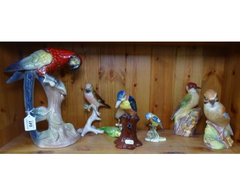 2 Royal Worcester birds - jay and woodpecker, a Jena parrot, and 4 other birds 