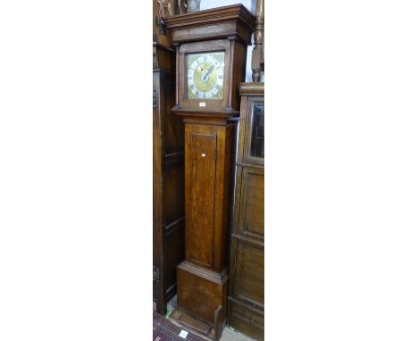 An 18th century 30-hour oak longcase clock, with a 25mm square dial, a single subsidiary dial and silver chapter ring, by Pet