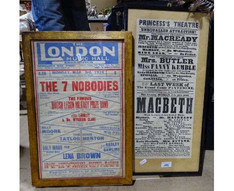 2 framed Vintage theatre posters - Princess's Theatre showing Macbeth, and a London Musical Shoreditch poster 1924, 21.5" ove