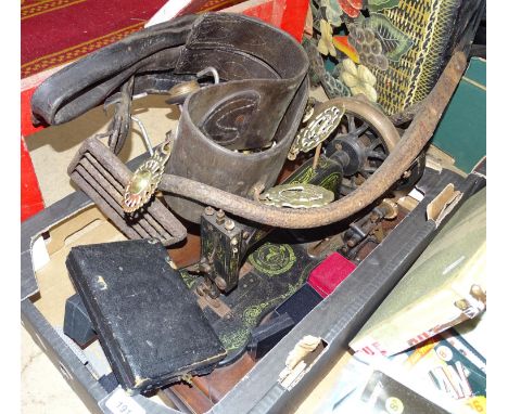 A horse harness, a cased instrument, a floral fire screen etc