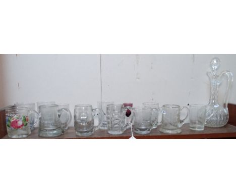 A cut-glass jug decanter, Antique engraved half-pint glasses etc