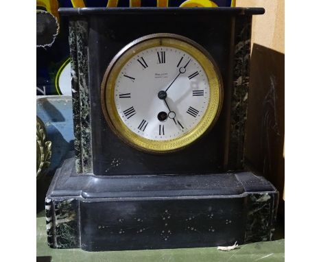 A slate mantel clock with marble insets by Hallett of Hastings, height 9"