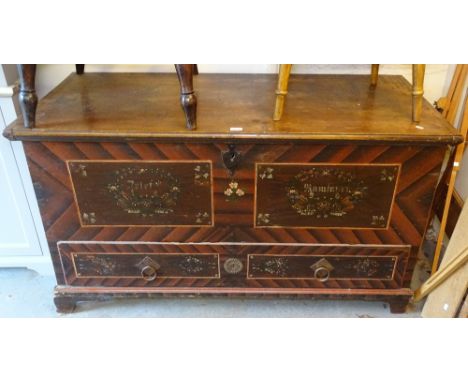 A 19th century Continental painted pine mule chest, on bracket feet, W145cm, H79cm