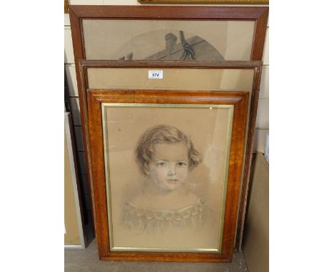 A Second War Period charcoal portrait of a Navy officer, indistinctly signed, 17" x 12", a 19th century pencil portrait of a 