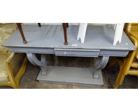 A grey painted rectangular console table, with a single drawer, raised on shaped supports, W121cm
