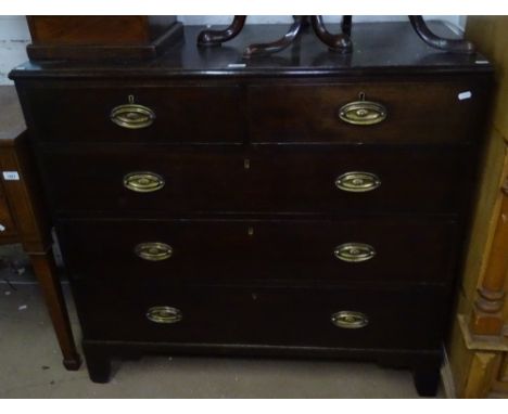 A George III square oak chest, with 2 short and 3 long drawers on bracket feet, W107cm