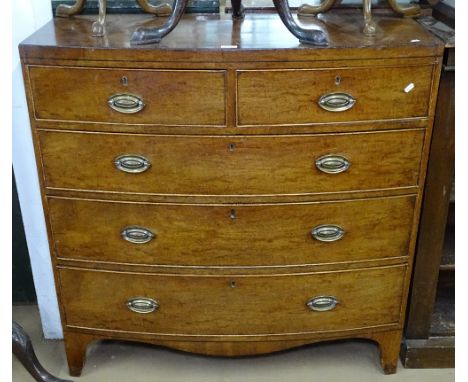 A 19th century mahogany bow-front chest, 2 short and 3 long drawers, bracket feet, W104cm