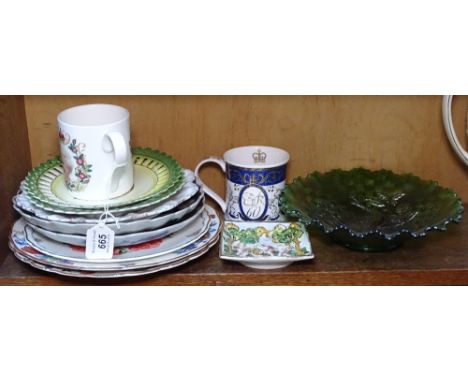 A green carnival glass dish with peacocks, decorative plates etc