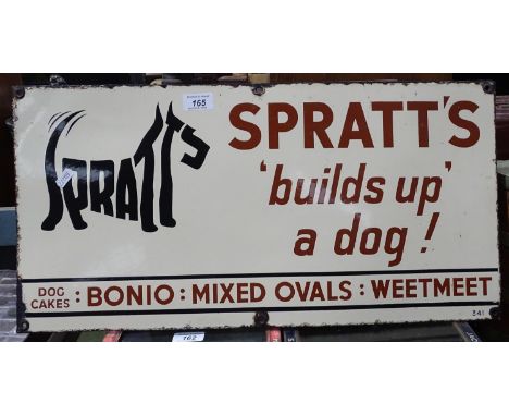 A Vintage enamel Spratts advertising sign, dog cakes, Bonio, mixed ovals and weet meet "Spratt's builds up a dog", length 24"