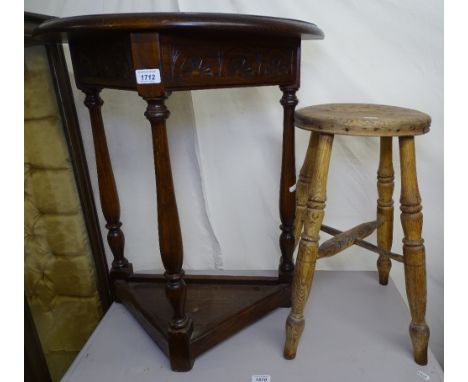 A 1920s oak demilune console table, with card frieze, and an Antique pine stool (2)