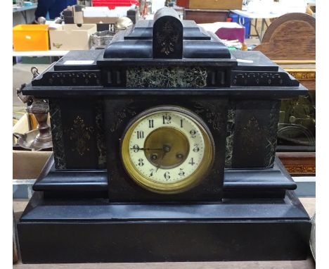 A slate mantel clock with inset marble panels and 2-train movement, height 14"