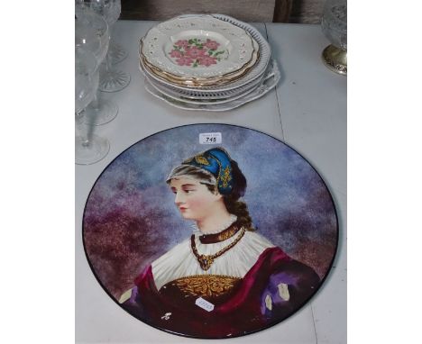 A Continental plate with painted portrait, 14.5", and various decorative plates