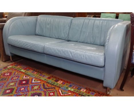 A modernist Art Deco design sofa in light blue leather, on tubular chrome sled base, L160cm