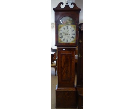 A 19th century mahogany-cased 8-day longcase clock with ornate painted dial, depicting a romantic scene