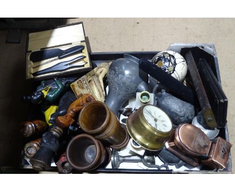 Various figures, an ostrich egg, a clock, wooden vases etc