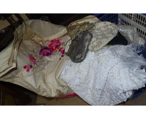 Vintage evening purses, cut work and crochet cloths etc