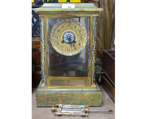 An onyx-cased clock with enamelled brass mounts, height 13.25"