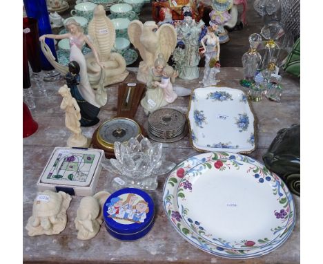 Figures, a barometer, Swarovski lotus flower etc