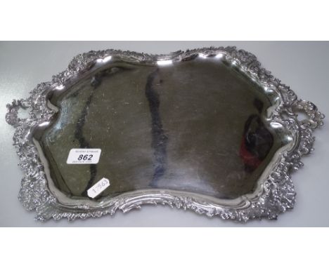 A French silver 2-handled serving tray, with an embossed decorated edge, maker is R. Benvenisti, L41cm, 26.6oz