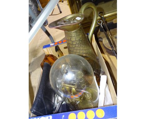 A 400-day clock under dome, a brass jug, cutlery etc