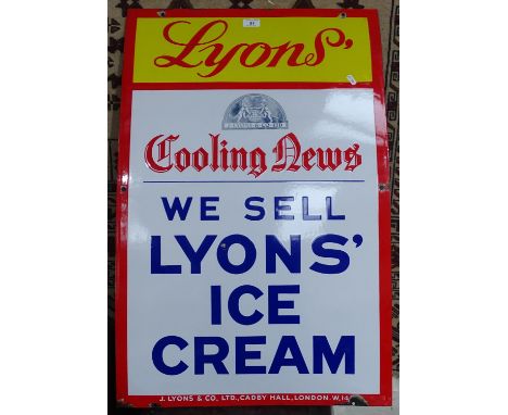 A Vintage enamel advertising sign for Lyons' Cooling News "We sell Lyons' ice cream", 57cm x 88cm