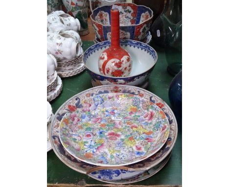 An Imari bowl and plates, a barber's bowl etc