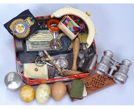 Opera glasses, eggs, a miniature clock etc
