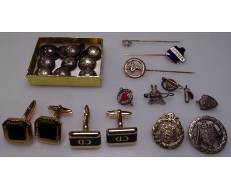 A set of 12 silver buttons, badges, stickpins, Christian Dior cufflinks etc