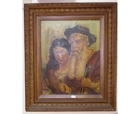 19th century oil on canvas, portrait of an old violinist and his daughter, unsigned, 17" x 13", framed