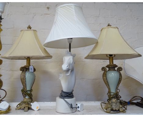 A horse head design table lamp and shade, 25", and a pair of lamps