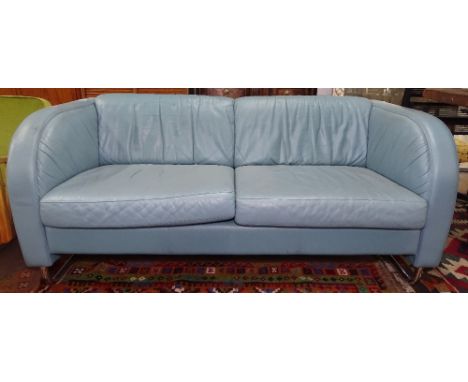 A modernist Art Deco design sofa in light blue leather, on tubular chrome sled base, L160cm