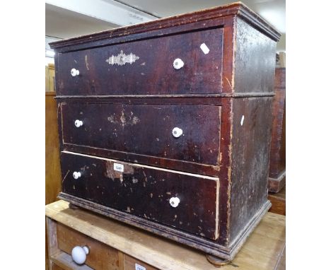 A small Antique stained pine 3-drawer chest, with ceramic handles, W66cm