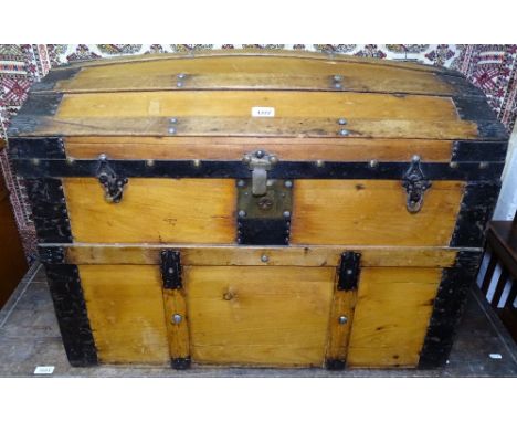 A 19th century dome-top and slatted travelling trunk, with steel banding, W83cm