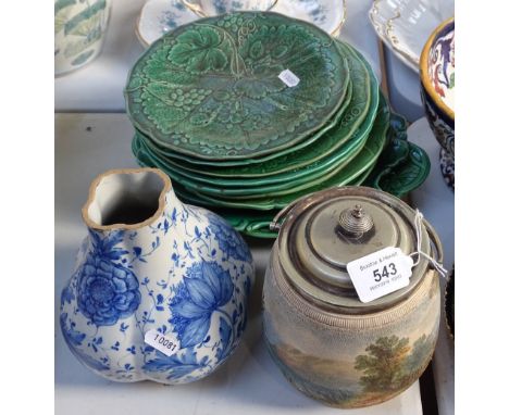Victorian green Majolica plates, a biscuit barrel etc