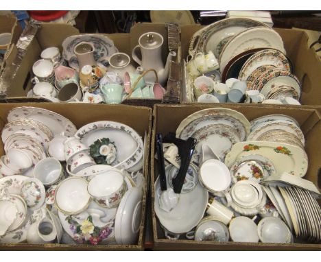 Four boxes of decorative china to include Royal Worcester "July Garland", Poole Pottery twintone, various Victorian transfer 