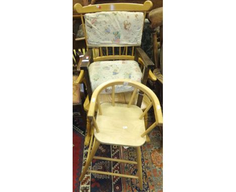 A modern ash stick back rocking chair with crinoline stretcher, together with a Britwood Toys high chair and an early 20th Ce