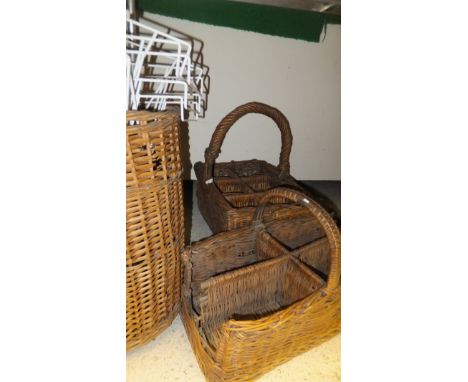 Three vintage wicker baskets, a large wooden ladle, and various wire stands