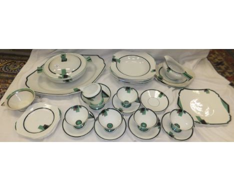 A collection of Shelley "Vogue" art deco tea cups and saucers, tea plates, cake plate and milk jug and sugar bowl in green, b