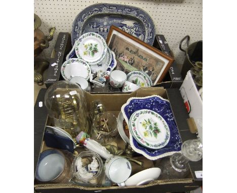 Two boxes of assorted china and glasswares to include willow pattern serving plate, Royal Worcester cups and saucers, etc.