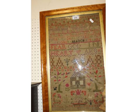 A K B - a needlework alphabet sampler with inscription "Fear God in Heart" and depicting flowering trees, a house, various an
