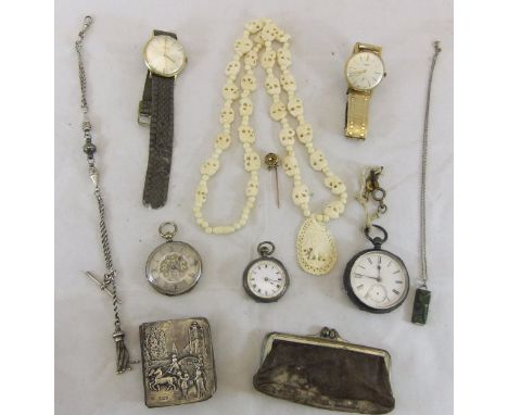 A collection of jewellery and watches to include a silver cased pocket watch, a jade and silver mounted pendant, a silver mou