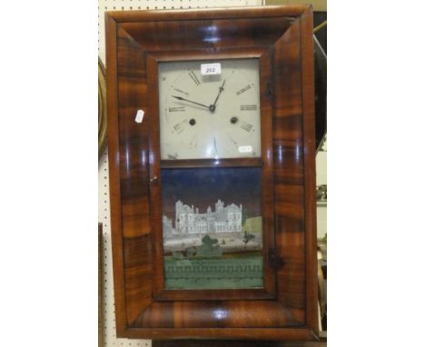 A 19th Century American walnut cased wall clock, the glazed panel decorated with "The New Wellington College, Sandhurst, Engl