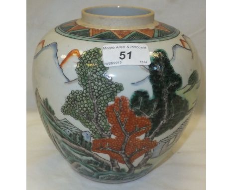 A Chinese porcelain famille verte jar decorated with figures and boats in a landscape CONDITION REPORTS Surface scratches, ru