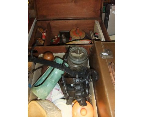 A suitcase containing strings of various nuts, together with a wooden trunk, and three boxes containing various decorative it