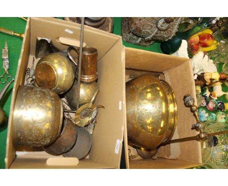 Two boxes of various brass and copper wares to include jardinier, adjustable table lamp, various Middle Eastern/Indian candle