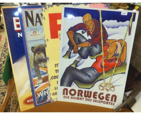 Four reproduction metal advertising signs inscribed "Bugatti", "Norwegen", "Fab" and "Navy and Army Illustrated" *